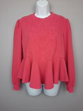 Fate Coral Pink Floral Embroidered Cotton Crewneck Peplum Sweatshirt size Small